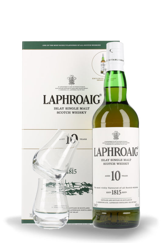 Laphroaig 10 Jahre Islay Single Malt Scotch Whisky + 2 Gläser 40% vol. 0.7l