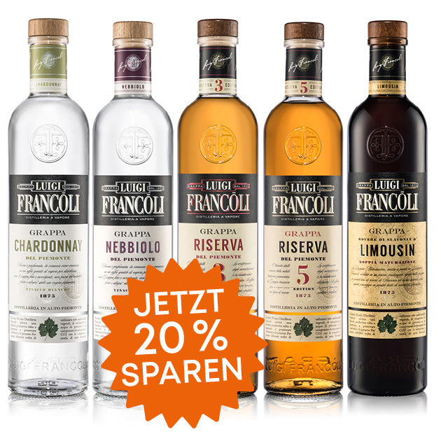 Luigi Francoli Grappa aus dem Piemont: Chardonnay, Nebbiolo, Riserva 3 und 5 Jahre sowie Limousin, 20 % Rabatt im November